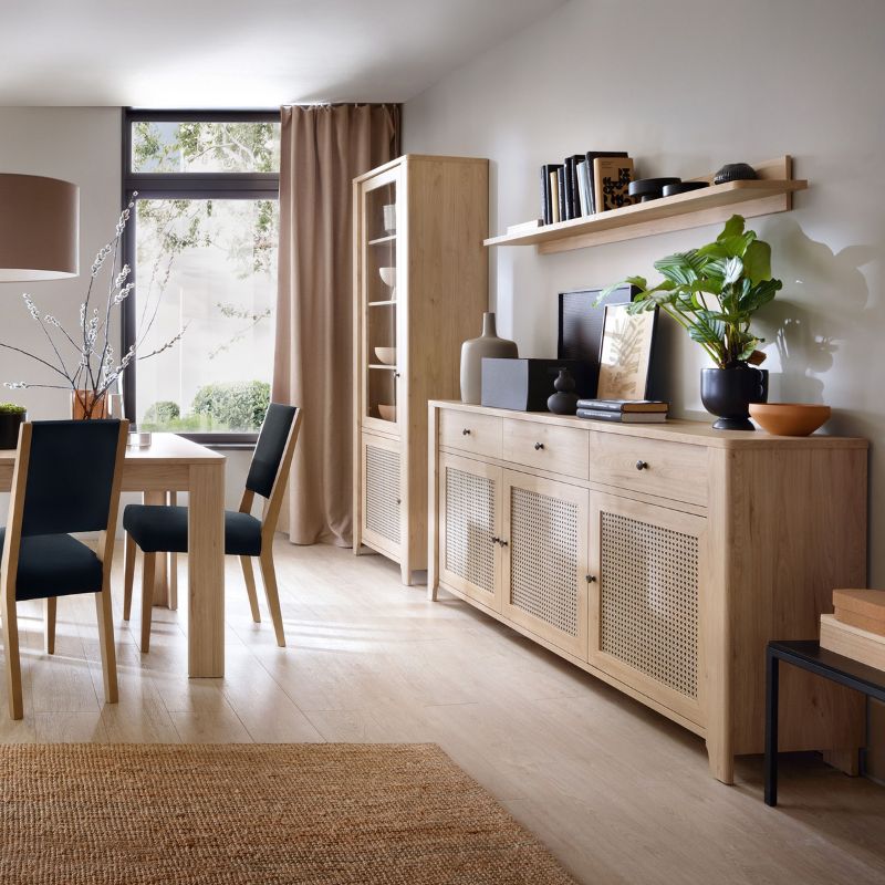 Furniture To Go Cestino 3 Door 3 Drawer Sideboard in Jackson Hickory Oak and Rattan Effect