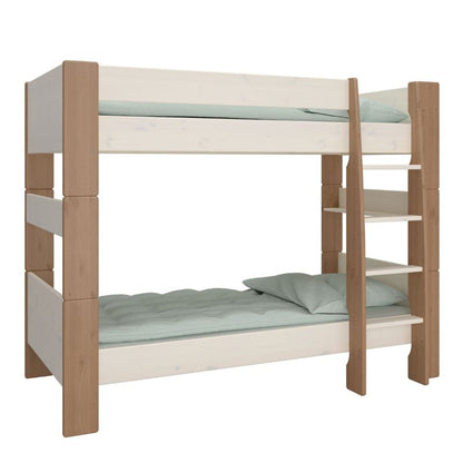 A bunk bed with ladder and blue mattress.