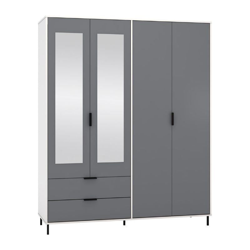 A grey and white wardrobe with two doors, perfect for organizing clothes and accessories.