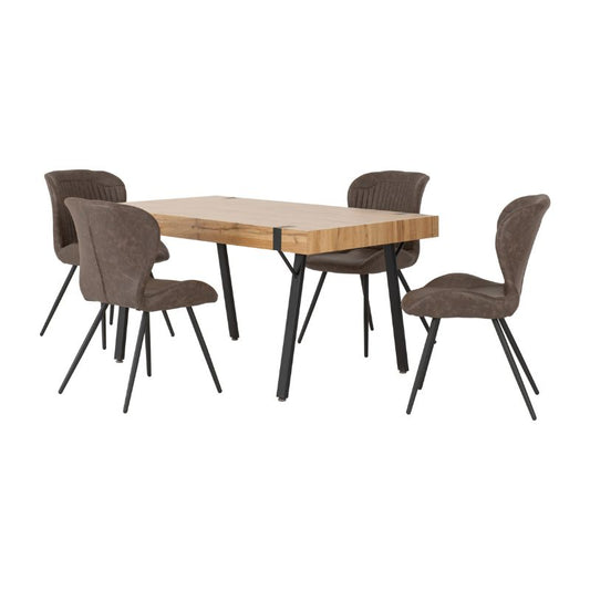 Dining table with four chairs, wooden table.