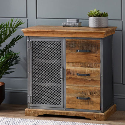 Metal and wood sideboard with industrial design, perfect for adding a touch of modern style to any room.