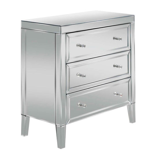 A silver chest featuring three elegantly designed drawers, showcasing a sleek and modern aesthetic.