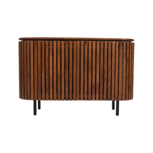 Wooden sideboard with black legs.