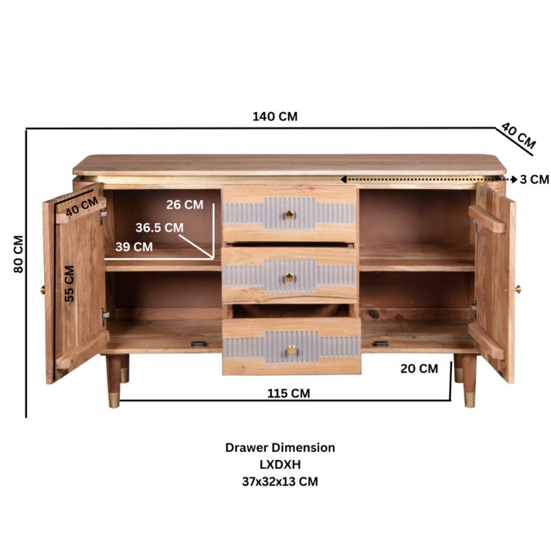 Indian Hub Wilton Acacia Wood 2 Doors 3 Drawers Sideboard