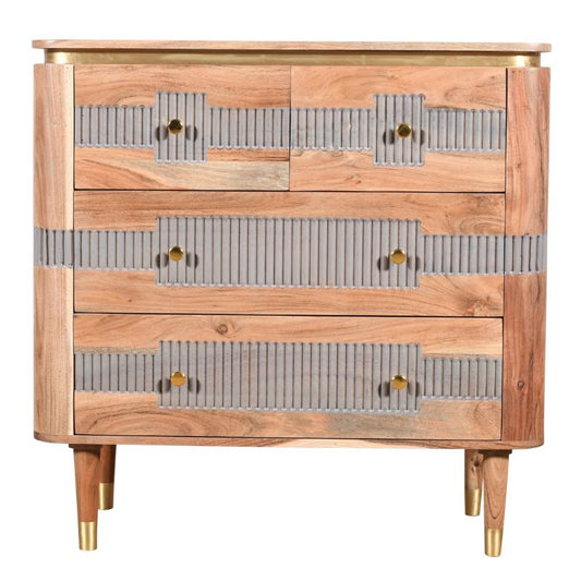 A wooden chest with striped drawers and brass handles.