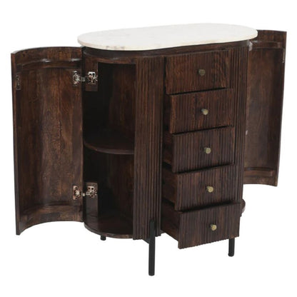 Indian Hub Opal Mango Wood Wide Chest Of Drawers With Marble Top & Metal Legs