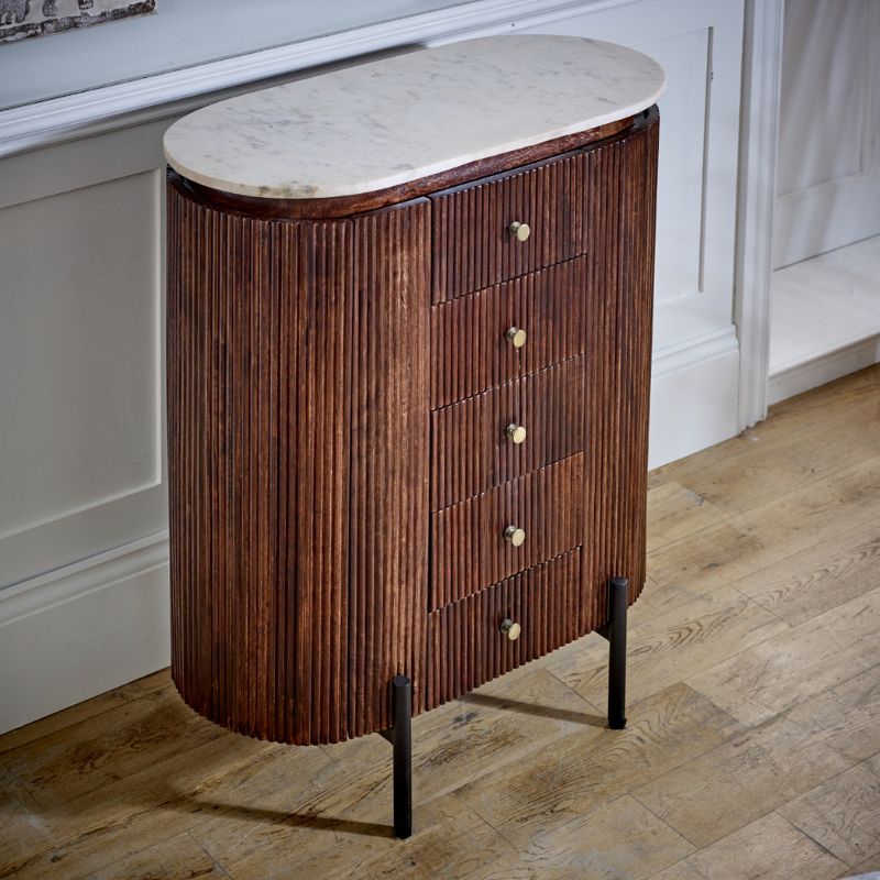 Indian Hub Opal Mango Wood Wide Chest Of Drawers With Marble Top & Metal Legs