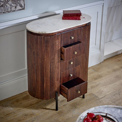 Indian Hub Opal Mango Wood Wide Chest Of Drawers With Marble Top & Metal Legs