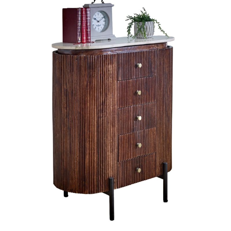 Indian Hub Opal Mango Wood Wide Chest Of Drawers With Marble Top & Metal Legs