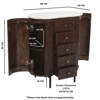 Indian Hub Opal Mango Wood Wide Chest Of Drawers With Marble Top & Metal Legs