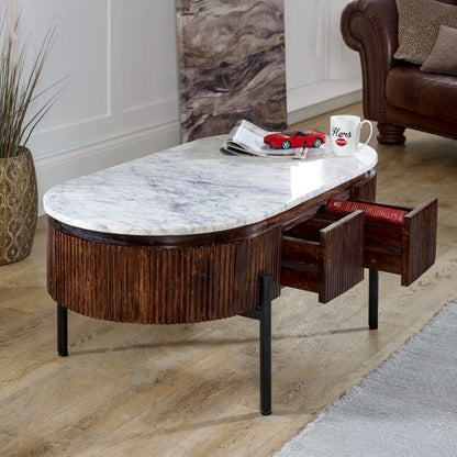 Marble coffee table with drawers, perfect for storing items while adding elegance to your living space.