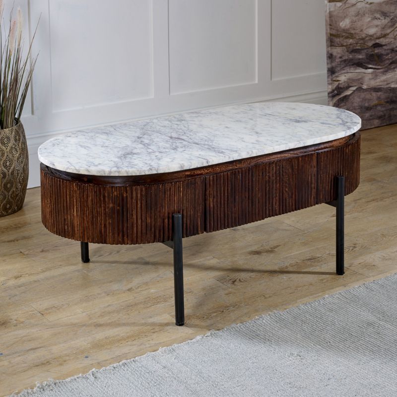 Indian Hub Opal Mango Wood Rectangular Fluted Coffee Table With Marble Top & Metal Legs