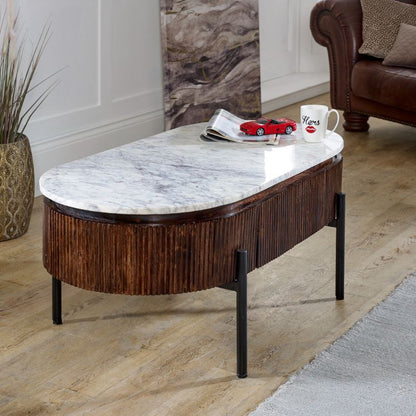 Indian Hub Opal Mango Wood Rectangular Fluted Coffee Table With Marble Top & Metal Legs