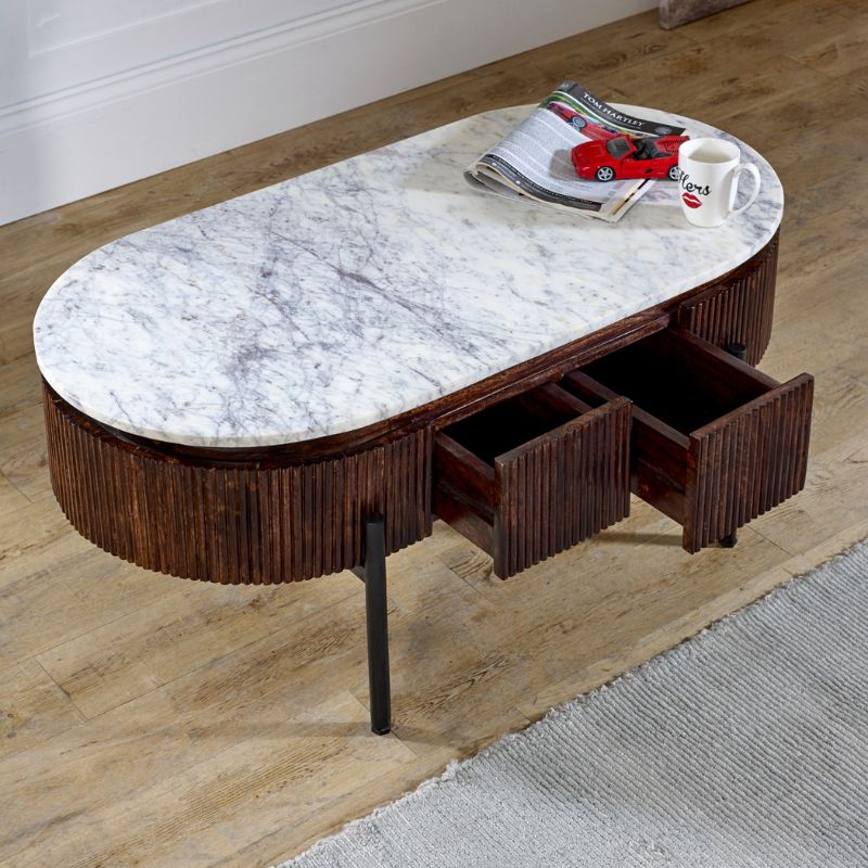 Indian Hub Opal Mango Wood Rectangular Fluted Coffee Table With Marble Top & Metal Legs