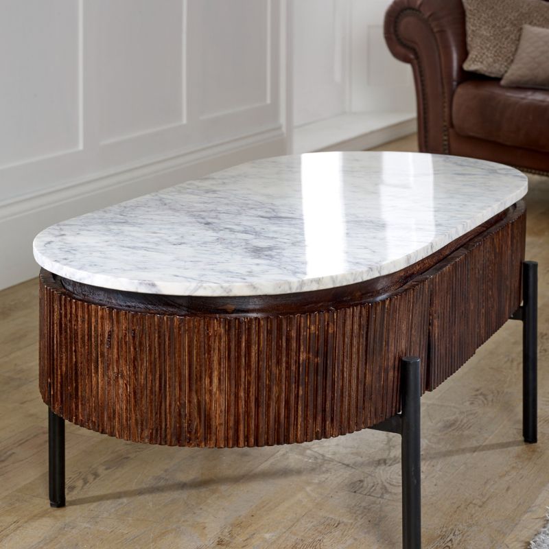 Indian Hub Opal Mango Wood Rectangular Fluted Coffee Table With Marble Top & Metal Legs