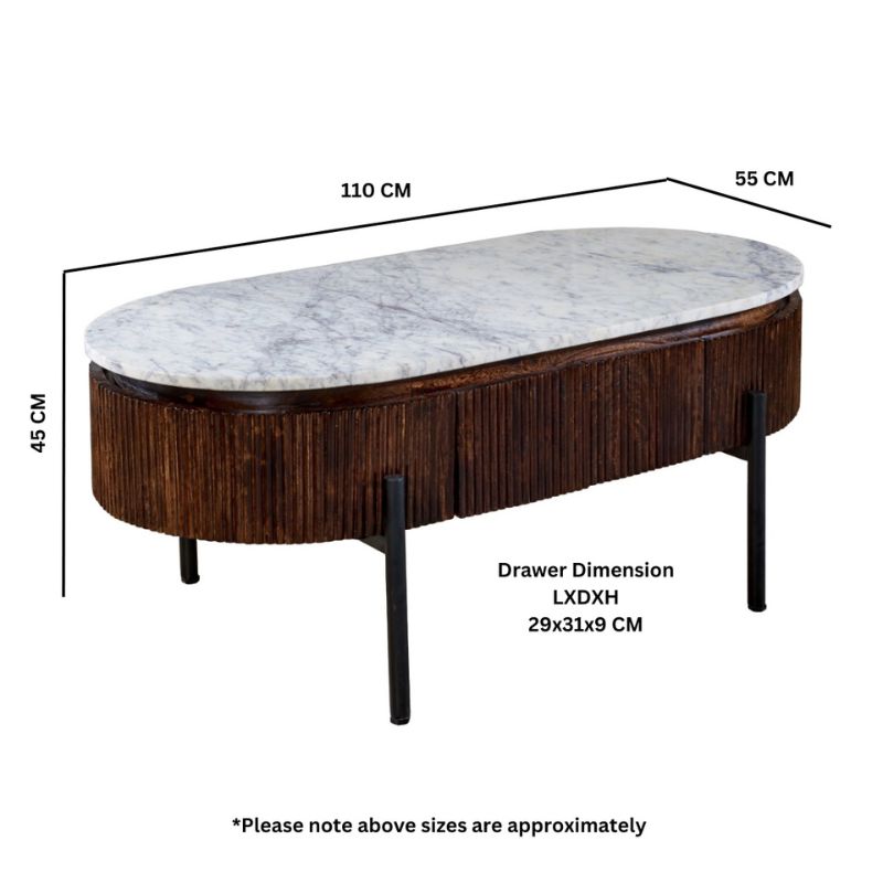 Indian Hub Opal Mango Wood Rectangular Fluted Coffee Table With Marble Top & Metal Legs