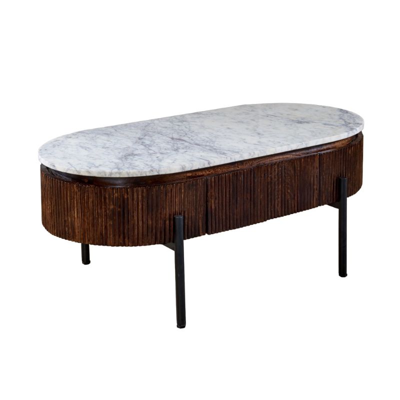 Indian Hub Opal Mango Wood Rectangular Fluted Coffee Table With Marble Top & Metal Legs