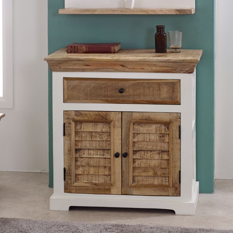 White sideboard with wooden doors and drawers, perfect for storing dining essentials.