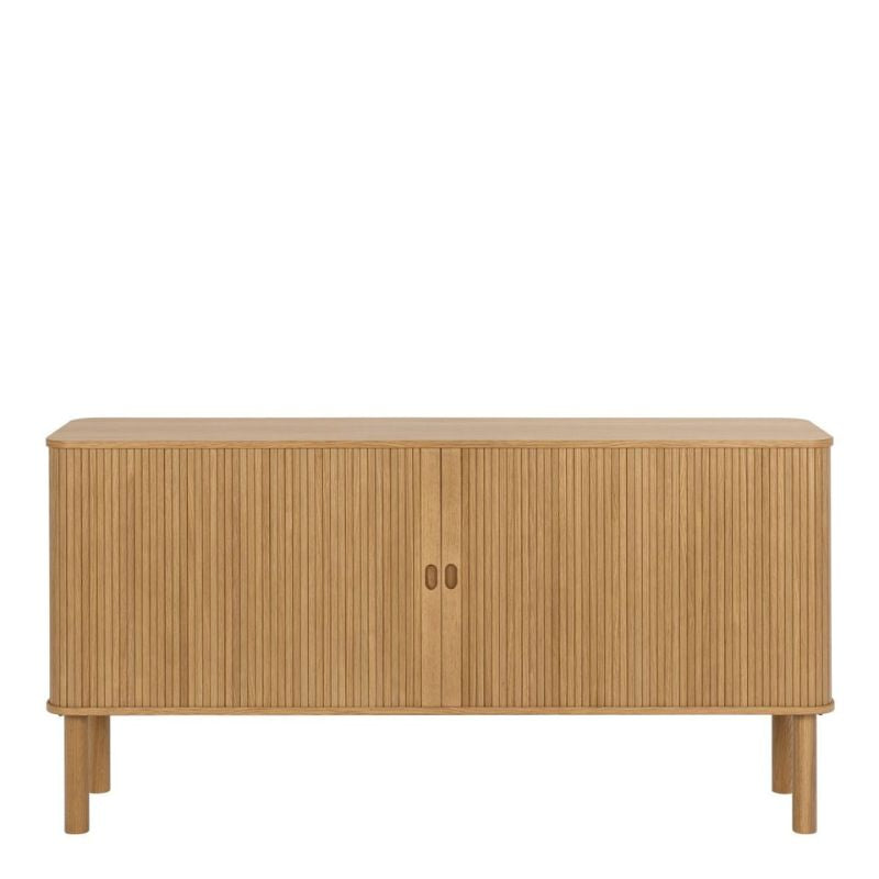 Wooden sideboard with panels and door, perfect for storing dining essentials.