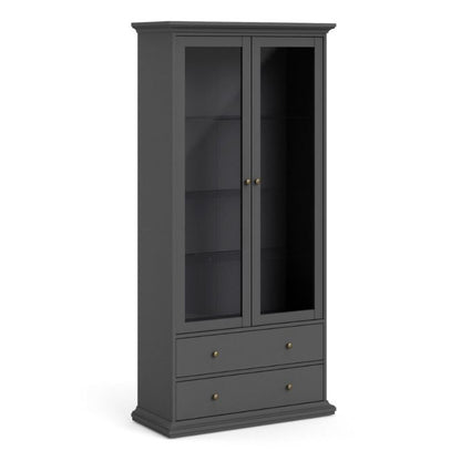 Dark grey cabinet with glass doors, ideal for showcasing collectibles or storing dishes.