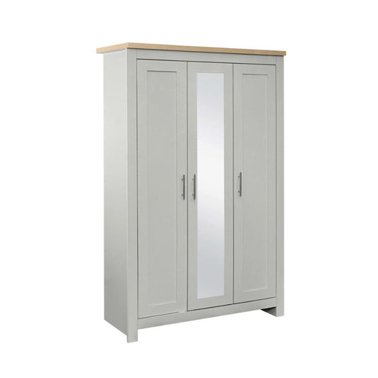 Grey cabinet with two doors and mirror, perfect for storing bathroom essentials.