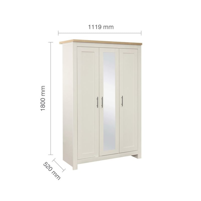 Birlea Highgate 3 Door Wardrobe with Mirror Cream & Oak Effect