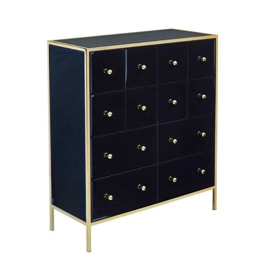 A black and gold chest of drawers with six drawers.