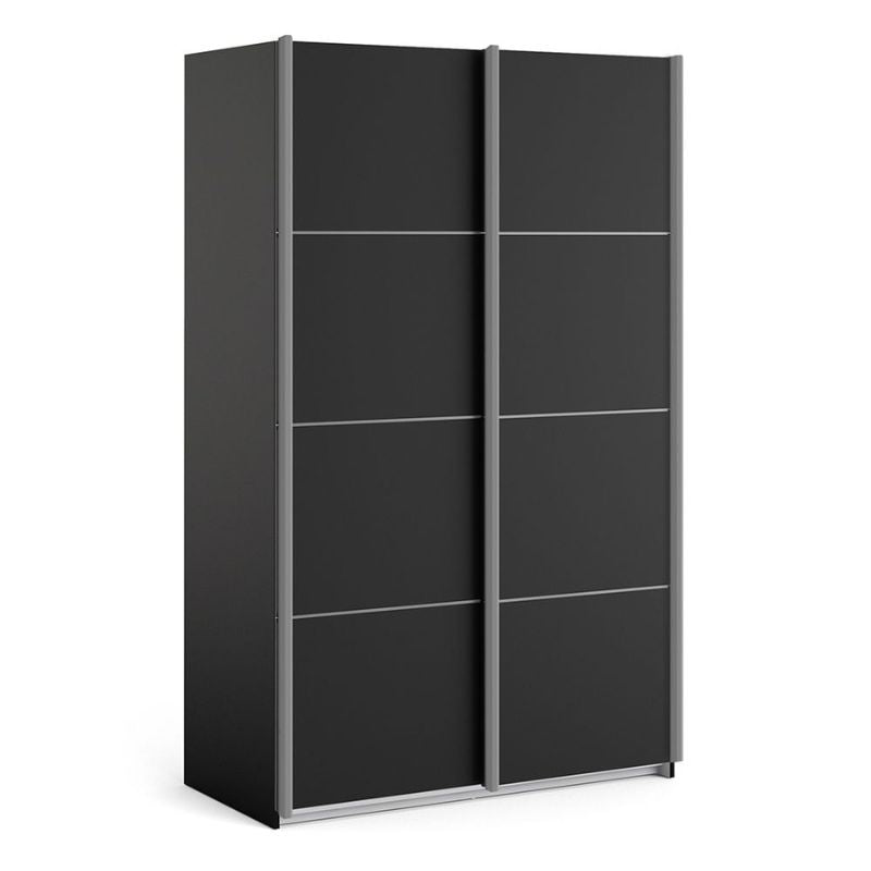 A modern black and grey wardrobe with four doors.