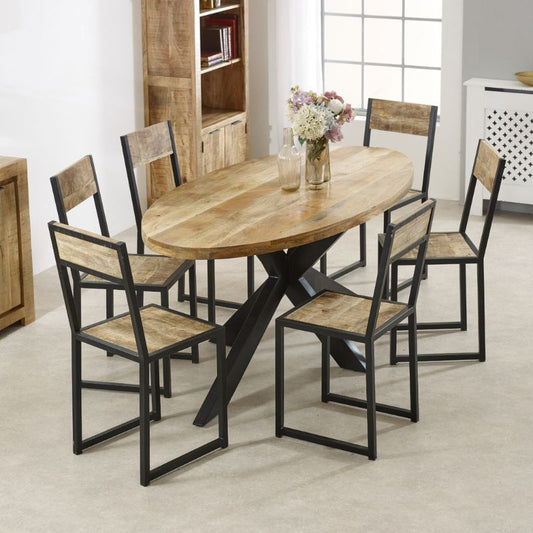 Dining table with six chairs, wooden table.