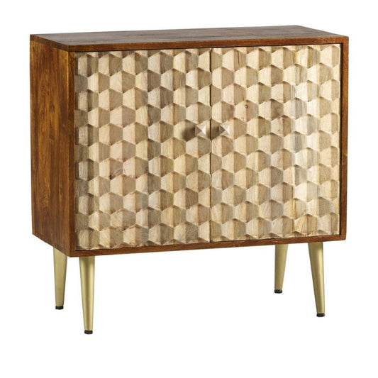 Enhance your home decor with a wooden cabinet adorned with eye-catching geometric patterns.