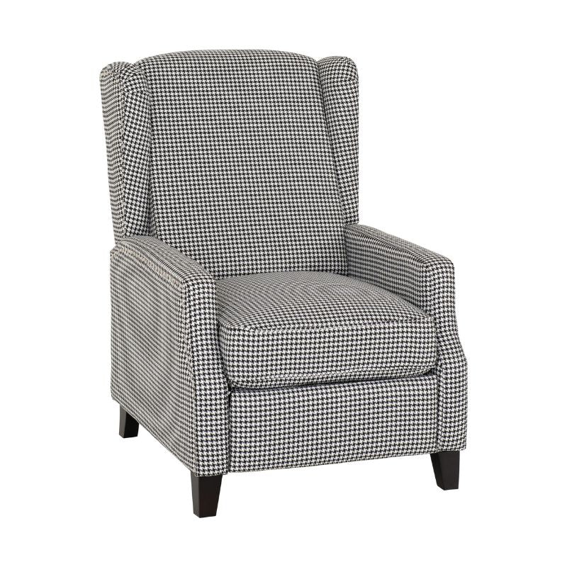 Black and white checkered fabric recliner chair.