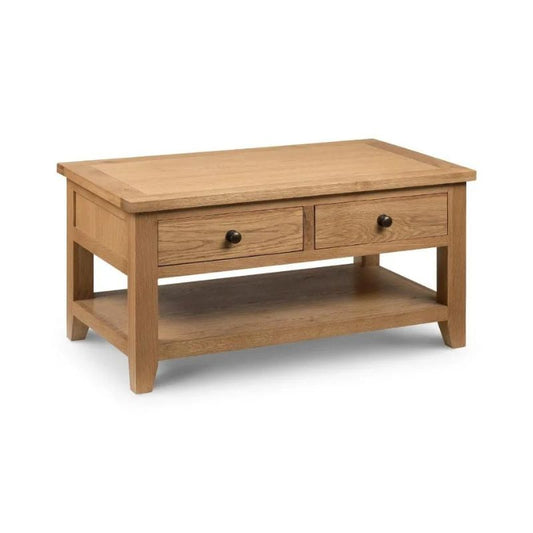 A stylish oak coffee table featuring two functional drawers for storage, enhancing any living space with elegance and utility.