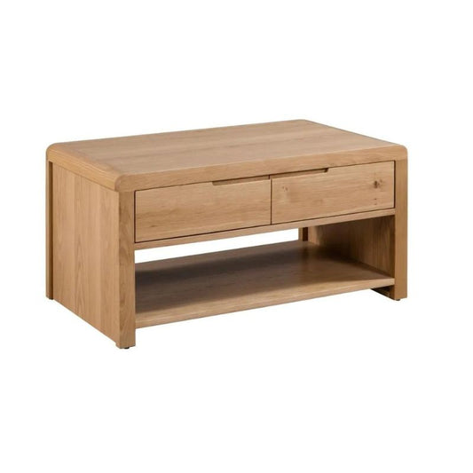 A small wooden coffee table featuring two functional drawers for storage, showcasing a classic and elegant design.