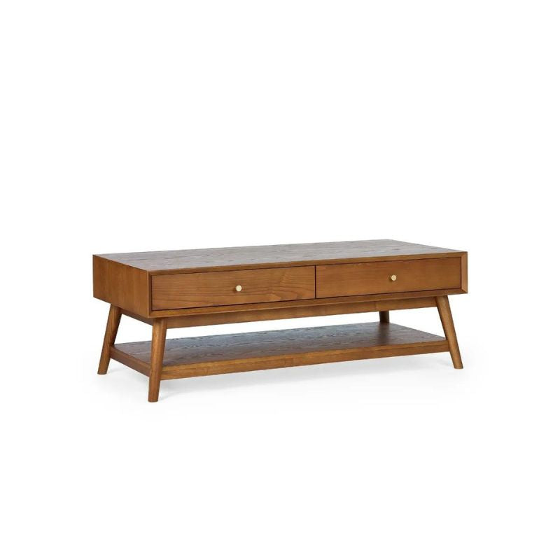 A sleek modern coffee table featuring two functional drawers for storage, enhancing contemporary living spaces.