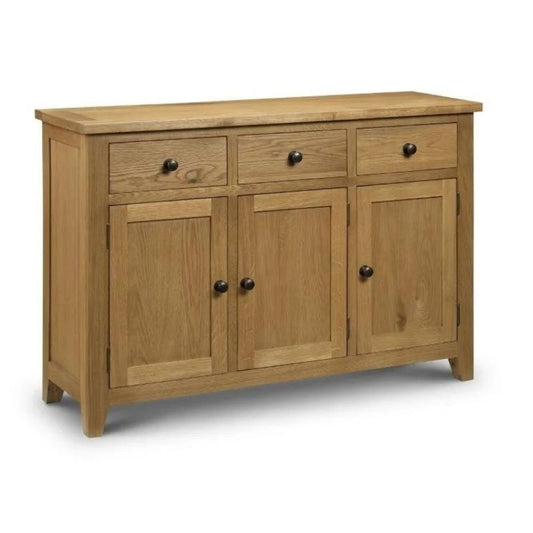 An oak sideboard featuring three drawers and two doors, showcasing a classic design suitable for various interiors.