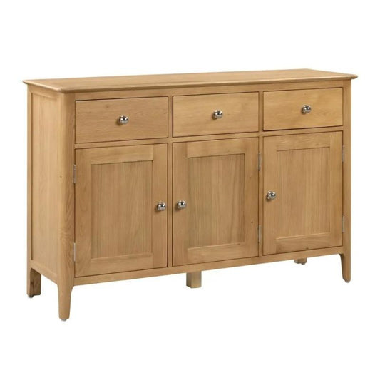 A wooden sideboard featuring three elegantly designed drawers, showcasing a classic and functional storage solution.