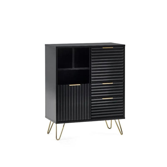 A black cabinet featuring elegant gold trim and multiple drawers, showcasing a sophisticated design.