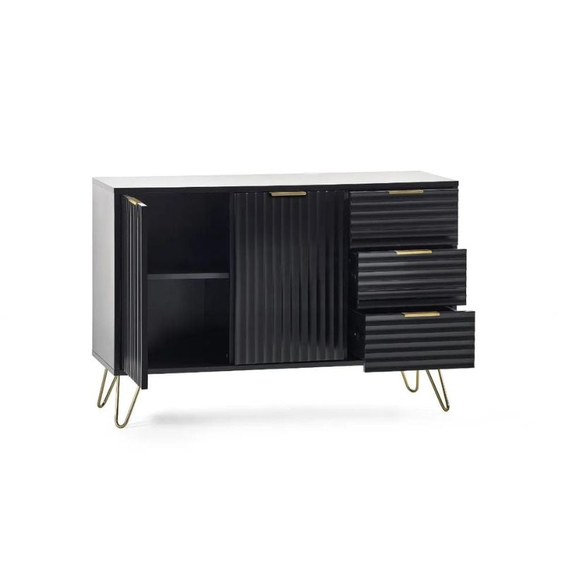 A sleek black and gold sideboard featuring multiple drawers, showcasing a modern and elegant design for any interior space.