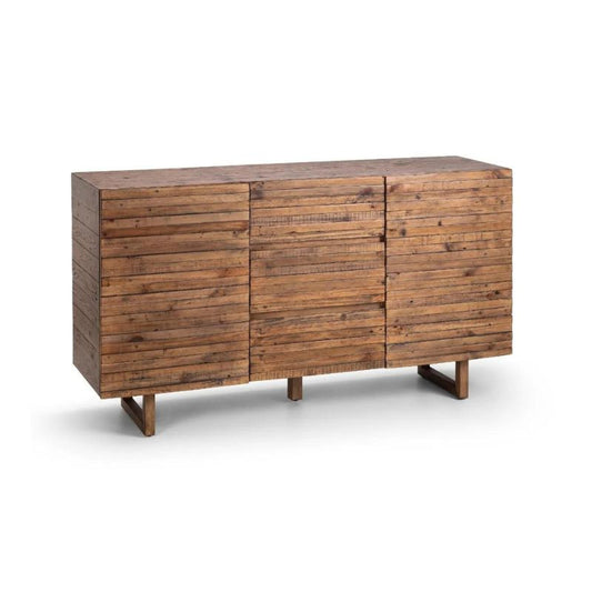 A wooden sideboard featuring three doors, showcasing a classic design suitable for various interior styles.