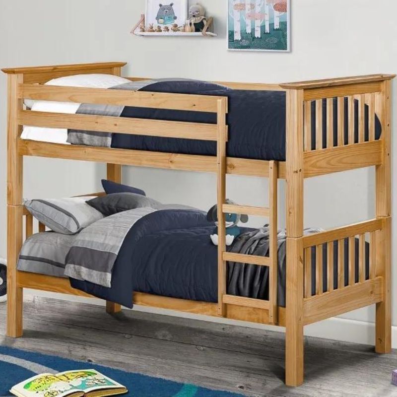 A bunk bed featuring blue and white bedding, showcasing a cozy and inviting sleeping arrangement for children or guests.