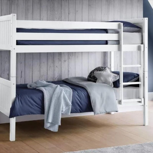 A bunk bed adorned with blue sheets and matching blue pillows, creating a cozy and inviting sleeping space.