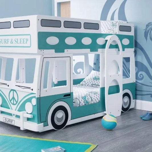 A blue and white bus bed featuring a surfboard on top, perfect for a beach-themed bedroom decor.