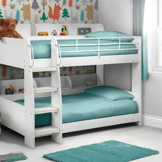 A white bunk bed adorned with blue and green bedding, creating a vibrant and inviting sleeping space for children.