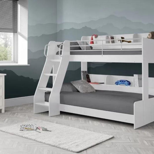 A white bunk bed featuring stairs on one side and a ladder for easy access to the top bunk.