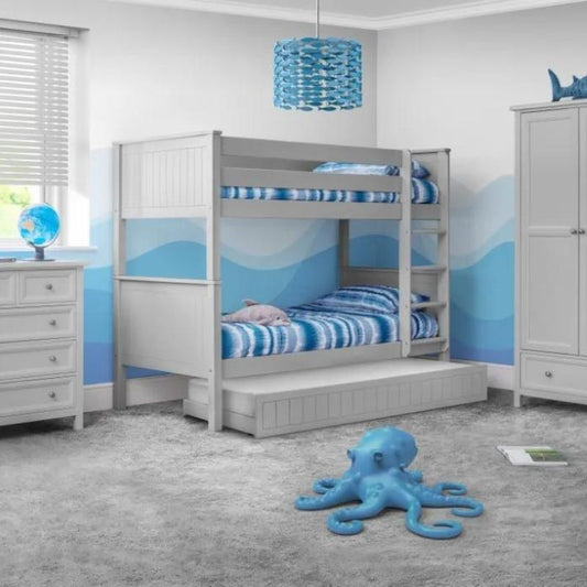 A blue and white bedroom featuring bunk beds and a dresser, creating a cozy and inviting atmosphere for relaxation.