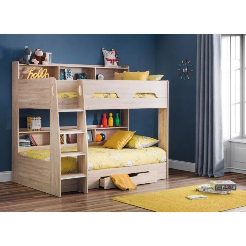 A bunk bed featuring a vibrant yellow and blue color scheme, designed for a cheerful and playful bedroom atmosphere.