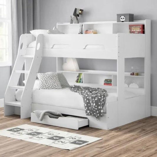 A white bunk bed featuring a ladder and built-in drawers for convenient storage and space-saving design.