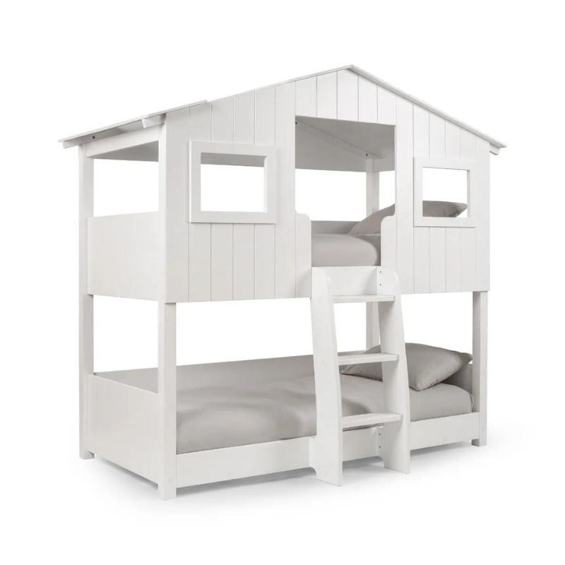 A white bunk bed featuring a ladder and stairs, designed for space-saving and easy access to the upper sleeping area.