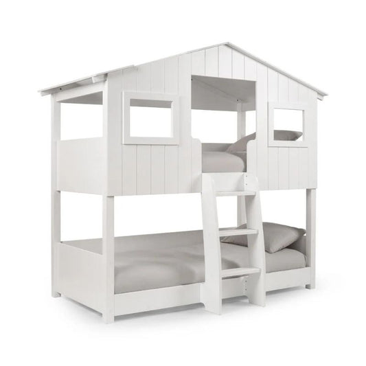 A white bunk bed featuring a ladder and stairs, designed for space-saving and easy access to the upper sleeping area.