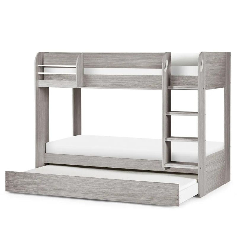 A wooden bunk bed featuring a sturdy ladder and a comfortable mattress on the top bunk, ideal for maximizing space.